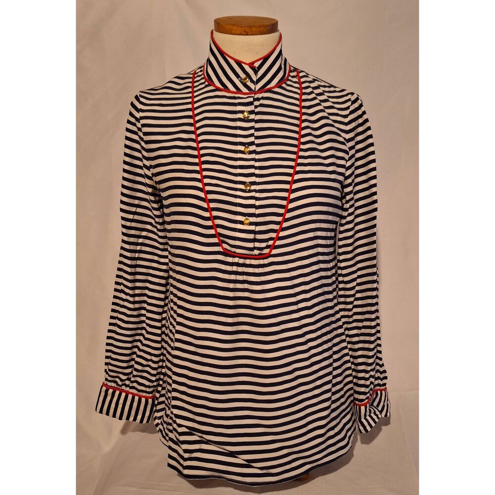 Sail to Sable STS 100% Silk Striped Nautical Long Sleeve Blouse Top Size Small